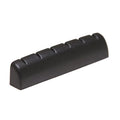 Black slotted guitar nut with six evenly spaced slots, shown against a white background.