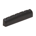 Black slotted guitar nut saddle with six string slots, shown on a white background.