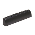 Black segmented nut or saddle component for stringed instrument shown isolated on white background.