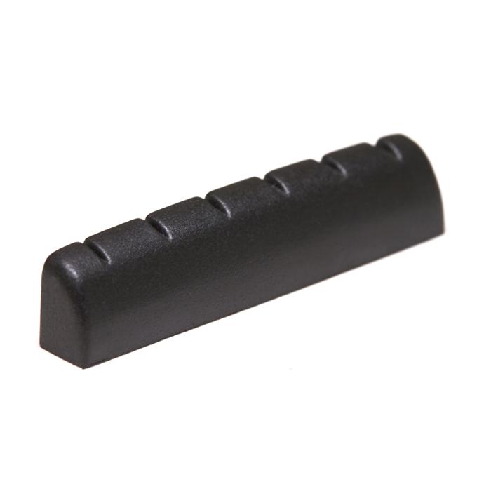 Black segmented nut or saddle component for stringed instrument shown isolated on white background.
