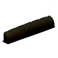 Black slotted guitar nut or saddle for acoustic guitar, with curved wiring slots visible on top.