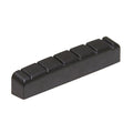 Black slotted nut with six slots, rectangular shape with slightly rounded edges.