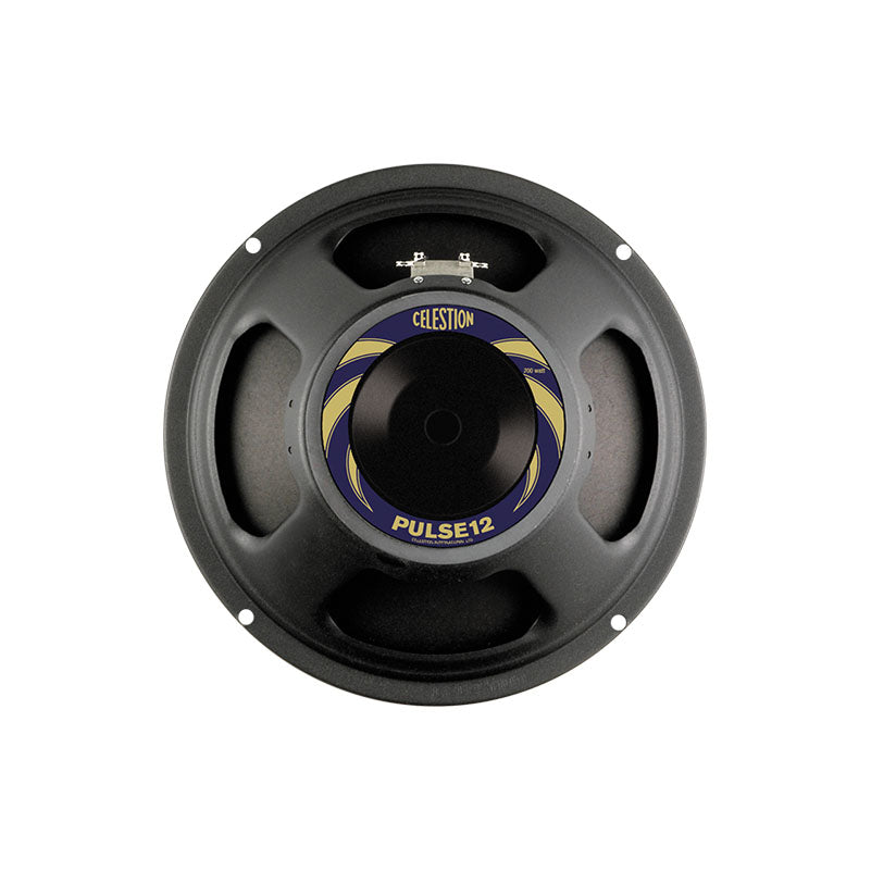Front view of a black Celestion Pulse 12 speaker with a blue and yellow label at the center.