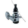 Chrome metal guitar tuning machine with attached guitar string on white background.