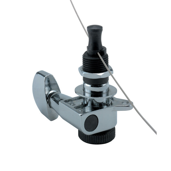 Chrome metal guitar tuning machine with attached guitar string on white background.