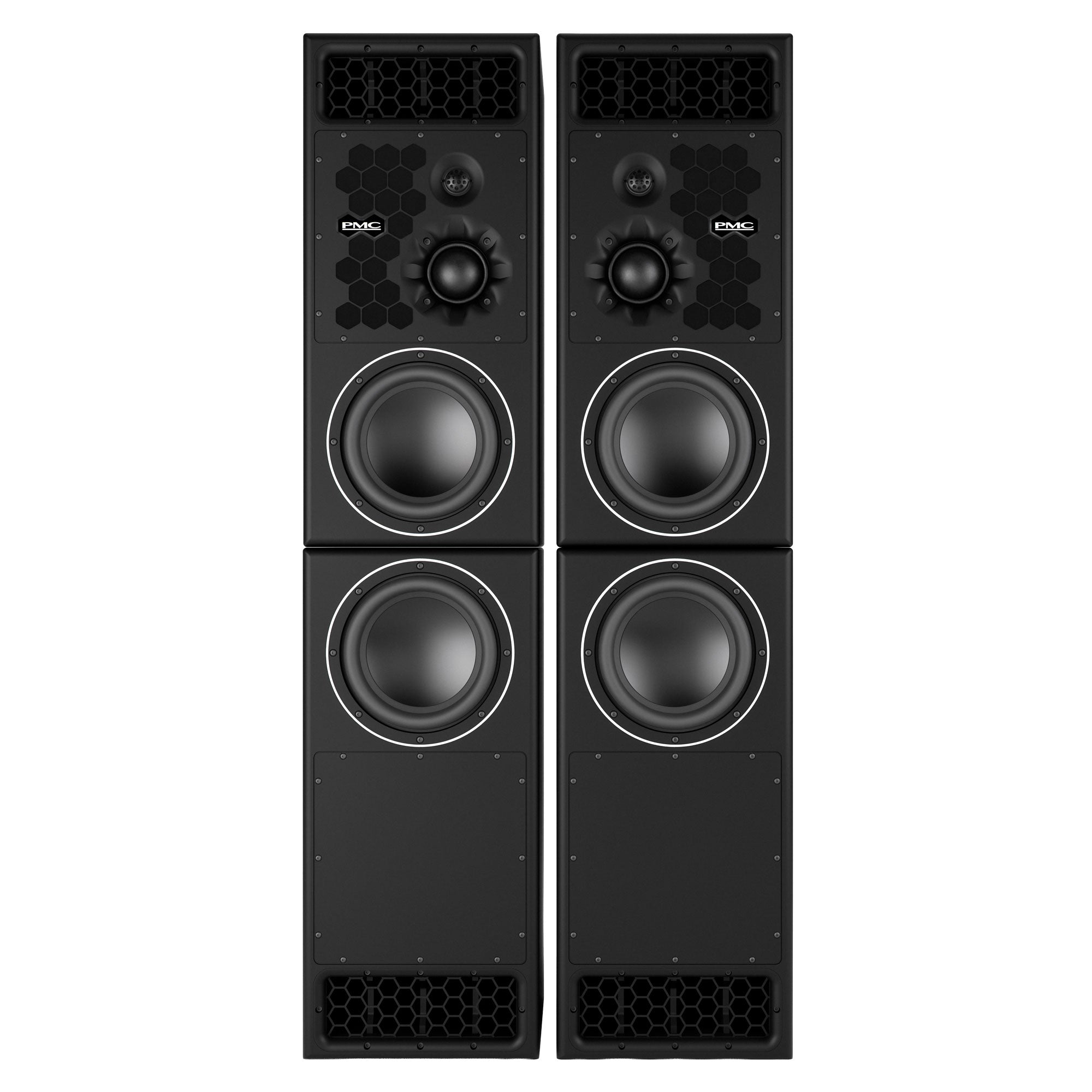 Two matching tall black rectangular PMC studio monitor cabinets shown as a vertical stack; the upper cabinet has three visible drive units (a small dome tweeter, a midrange, and a 10-inch bass driver) with a front PMC logo, and the lower cabinet houses a single 10-inch bass driver.