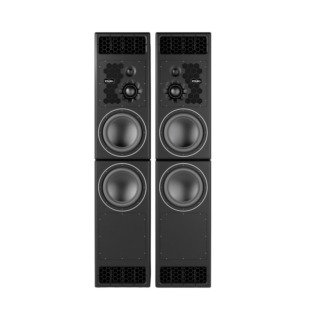 A tall rectangular PMC12 XBD active studio monitor cabinet in a matte Studio Black finish, with large low-frequency drivers and smaller soft-dome midrange and tweeter drivers mounted on the front baffle.