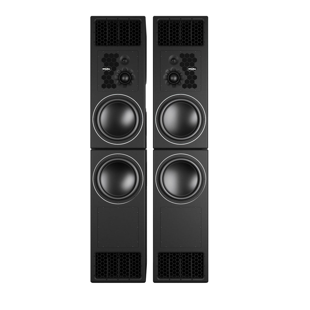 A tall, matte-black PMC15 XBD studio monitor cabinet standing vertically, with a large circular low-frequency bass driver and smaller midrange and tweeter drivers set into the front baffle.