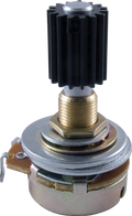 Close-up of a rotary potentiometer with a black ridged knob and metal shaft with solder lug connectors.