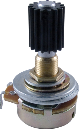 Close-up of a rotary potentiometer with a black ridged knob and metal shaft with solder lug connectors.