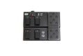 Black footswitch pedal with four labeled switches, an expression pedal, toggle switch, and LED display