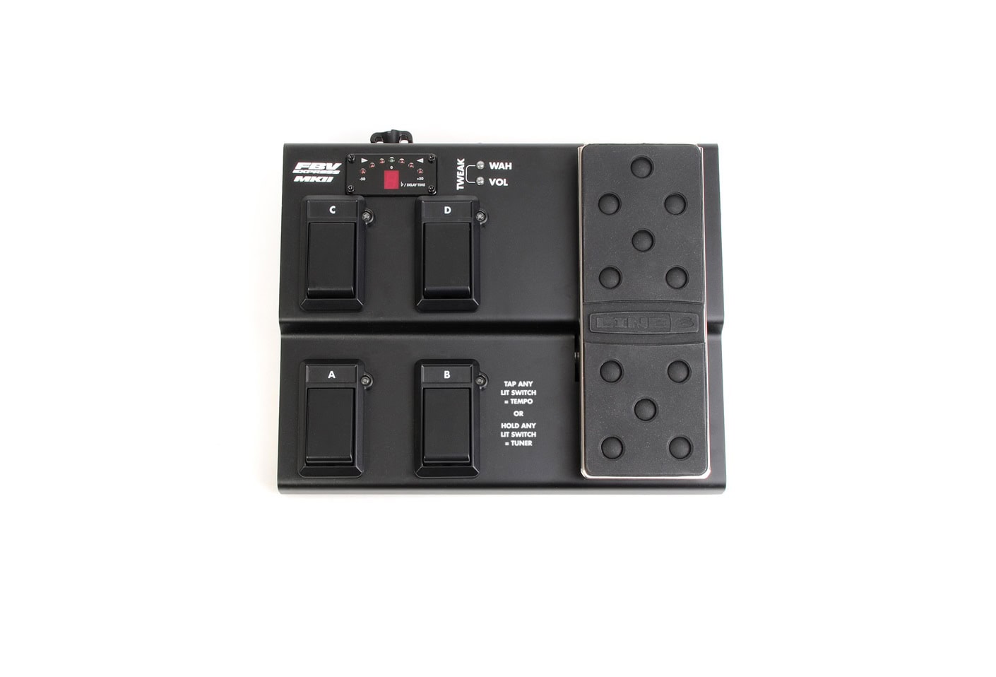 Black footswitch pedal with four labeled switches, an expression pedal, toggle switch, and LED display