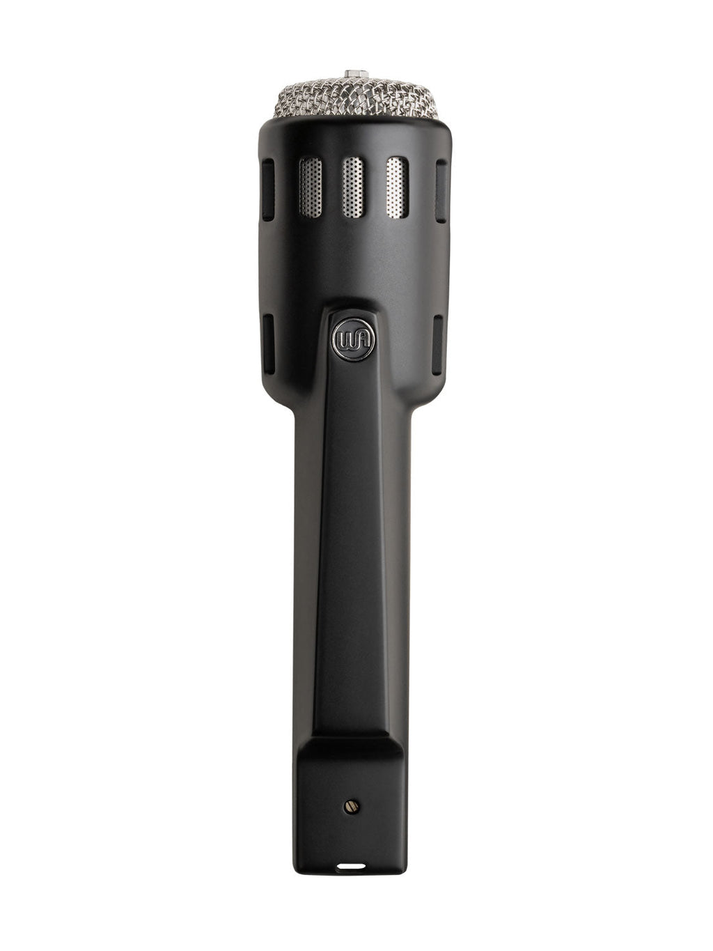 Black handheld microphone with a silver mesh grille and a WA logo on the front.