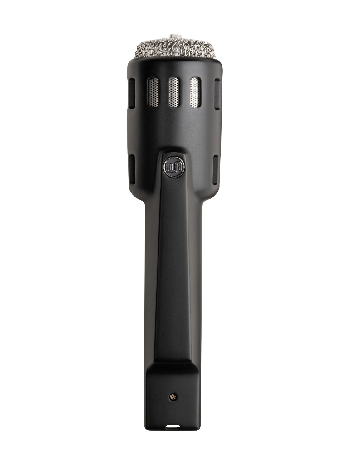Black handheld microphone with a silver mesh grille and a WA logo on the front.