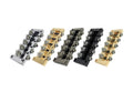 Five metal 5-string bass bridges in different colors arranged in a row on white background.