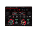 Top view of a black Boss RC-202 Loop Station with knobs, buttons, two circular track controls with lit indicators, and various input/output ports.