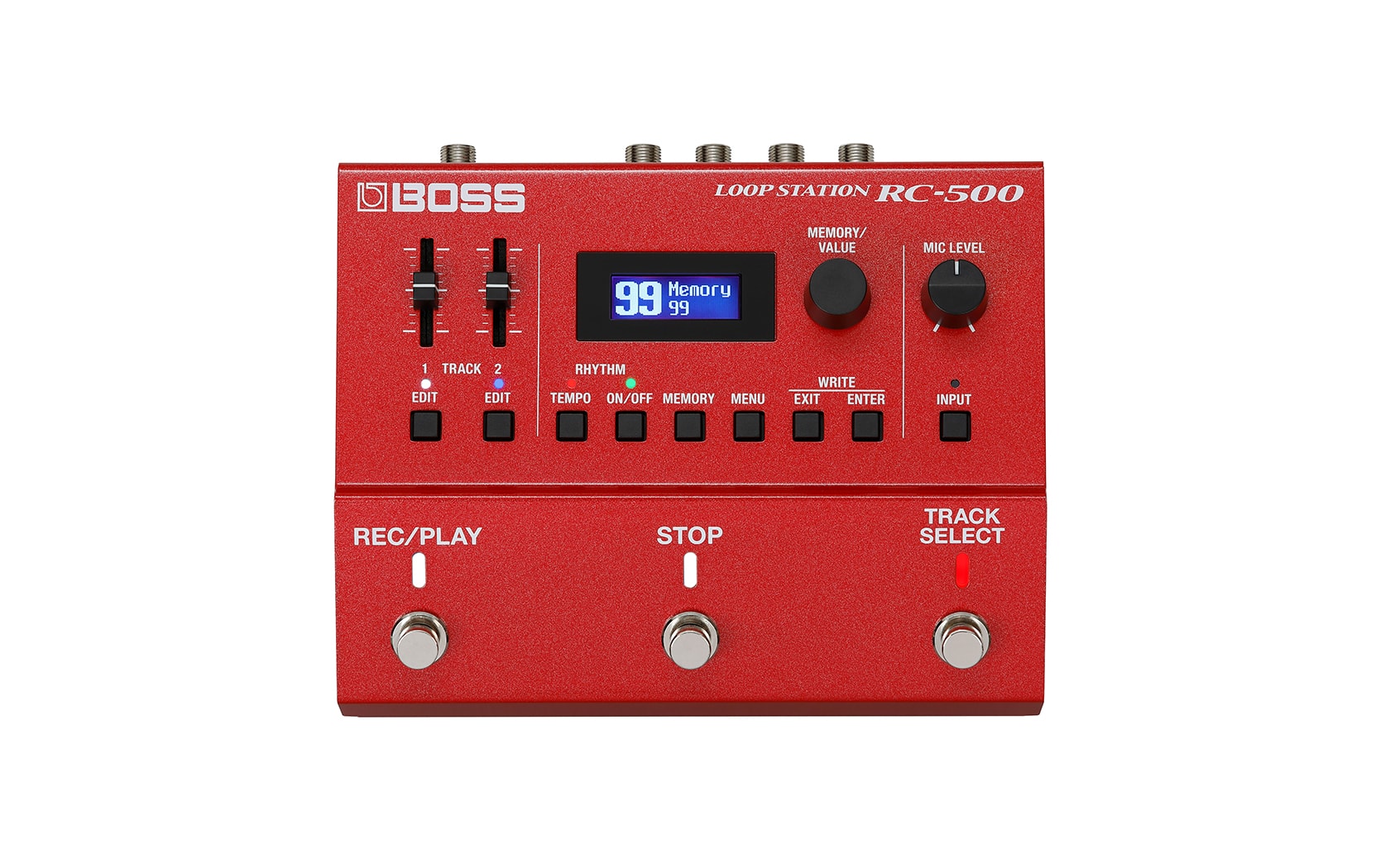 Red Boss RC-500 Loop Station pedal with sliders, knobs, buttons, and a small display showing memory 99.