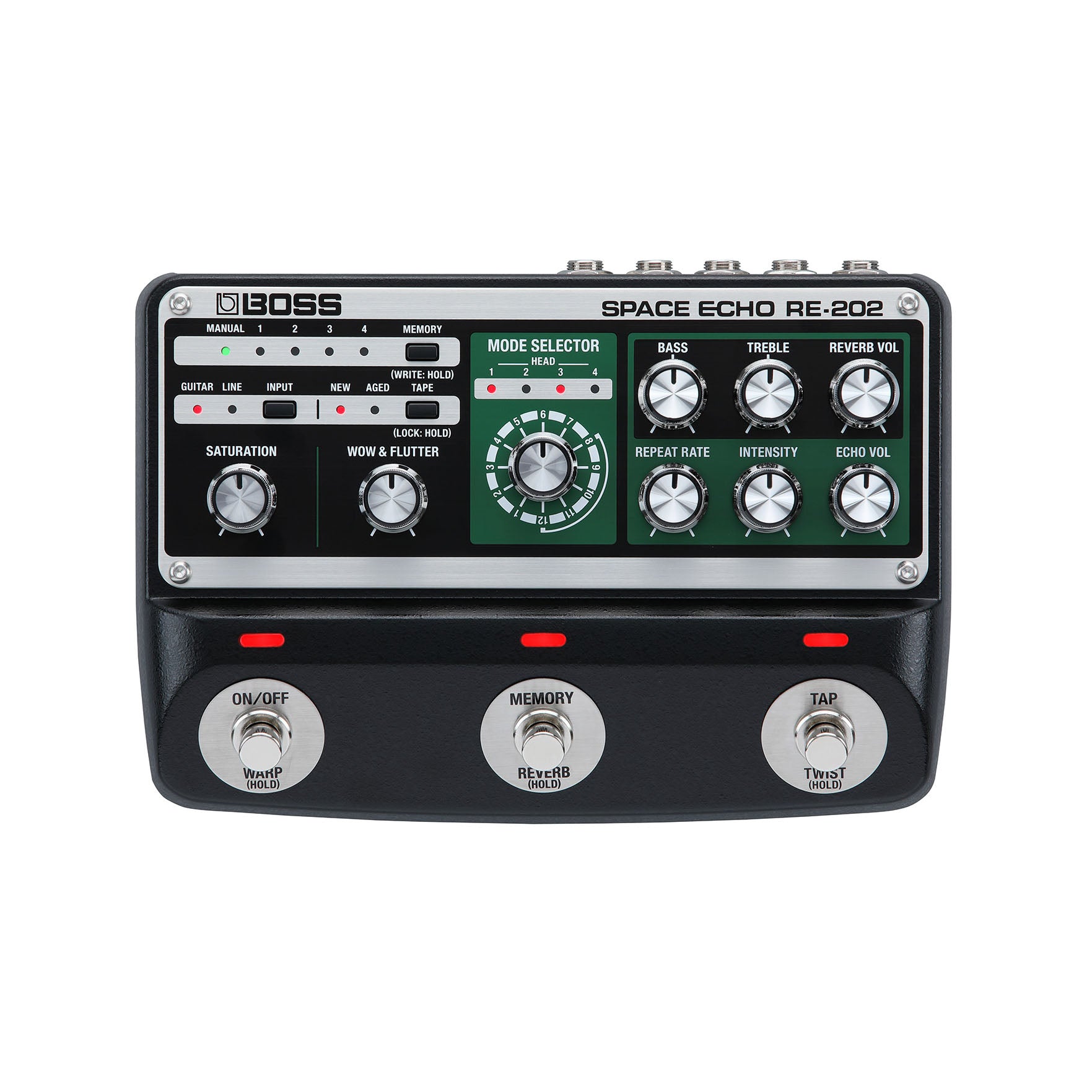 Black and silver Boss Space Echo RE-202 guitar effects pedal with multiple knobs, switches, and foot pedals.