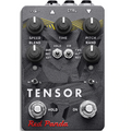 Black guitar effects pedal with knobs, toggle switches, footswitches, and geometric patterns labeled Tensor by Red Panda.