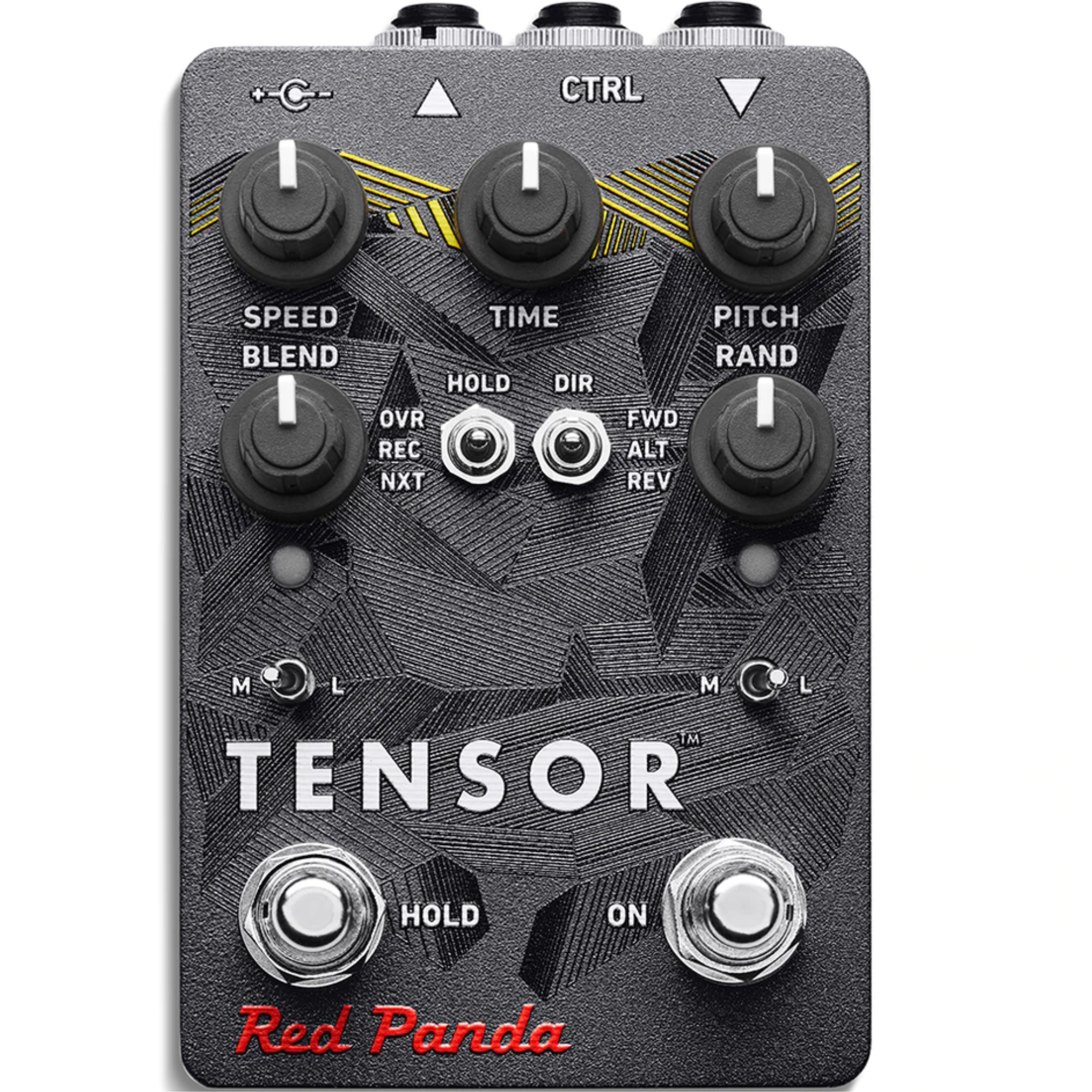Black guitar effects pedal with knobs, toggle switches, footswitches, and geometric patterns labeled Tensor by Red Panda.