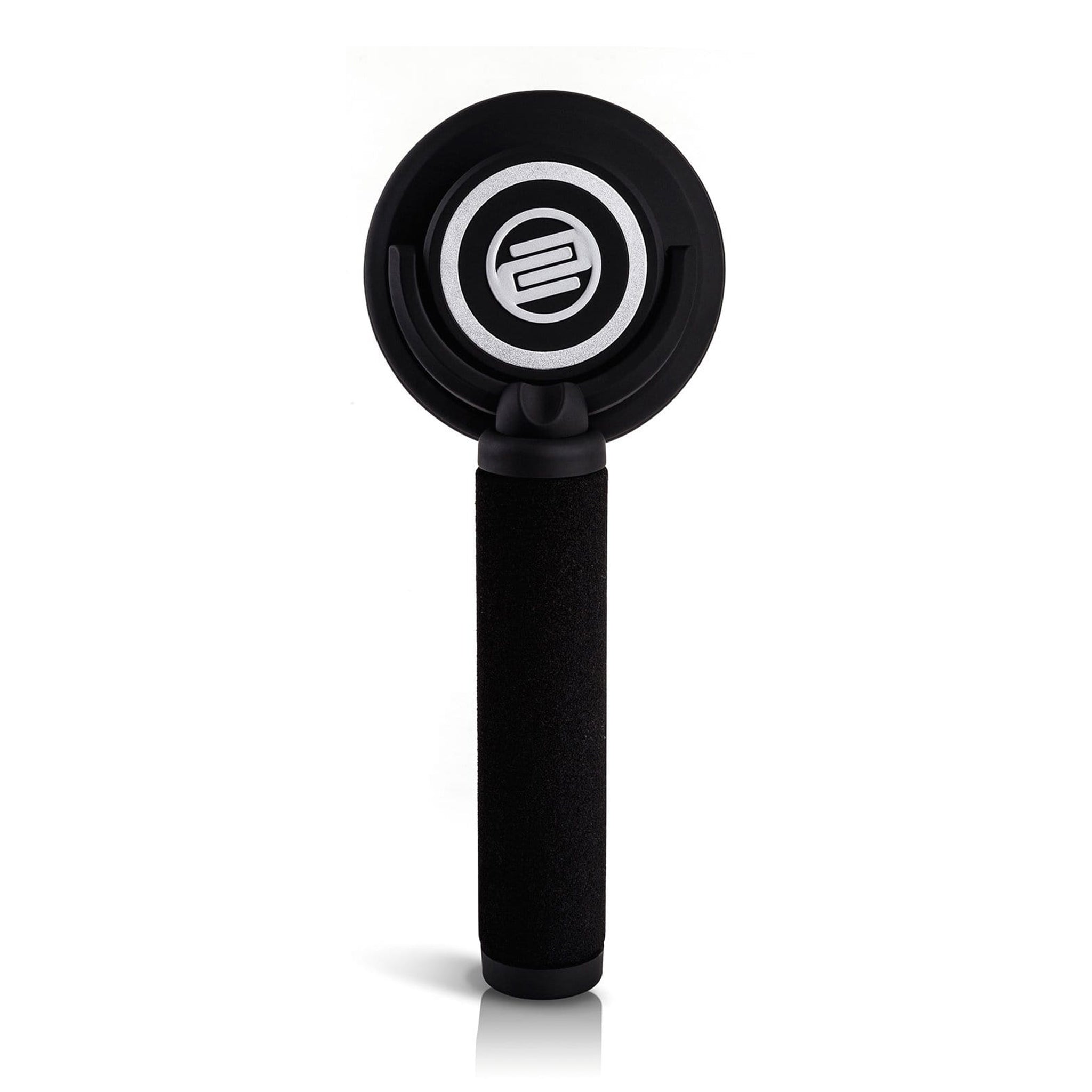 Single black headphone earcup with foam-covered handle viewed from the front.