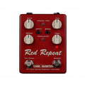 Red guitar effects pedal with knobs, toggle switches, and footswitches labeled Red Repeat by Carl Martin.