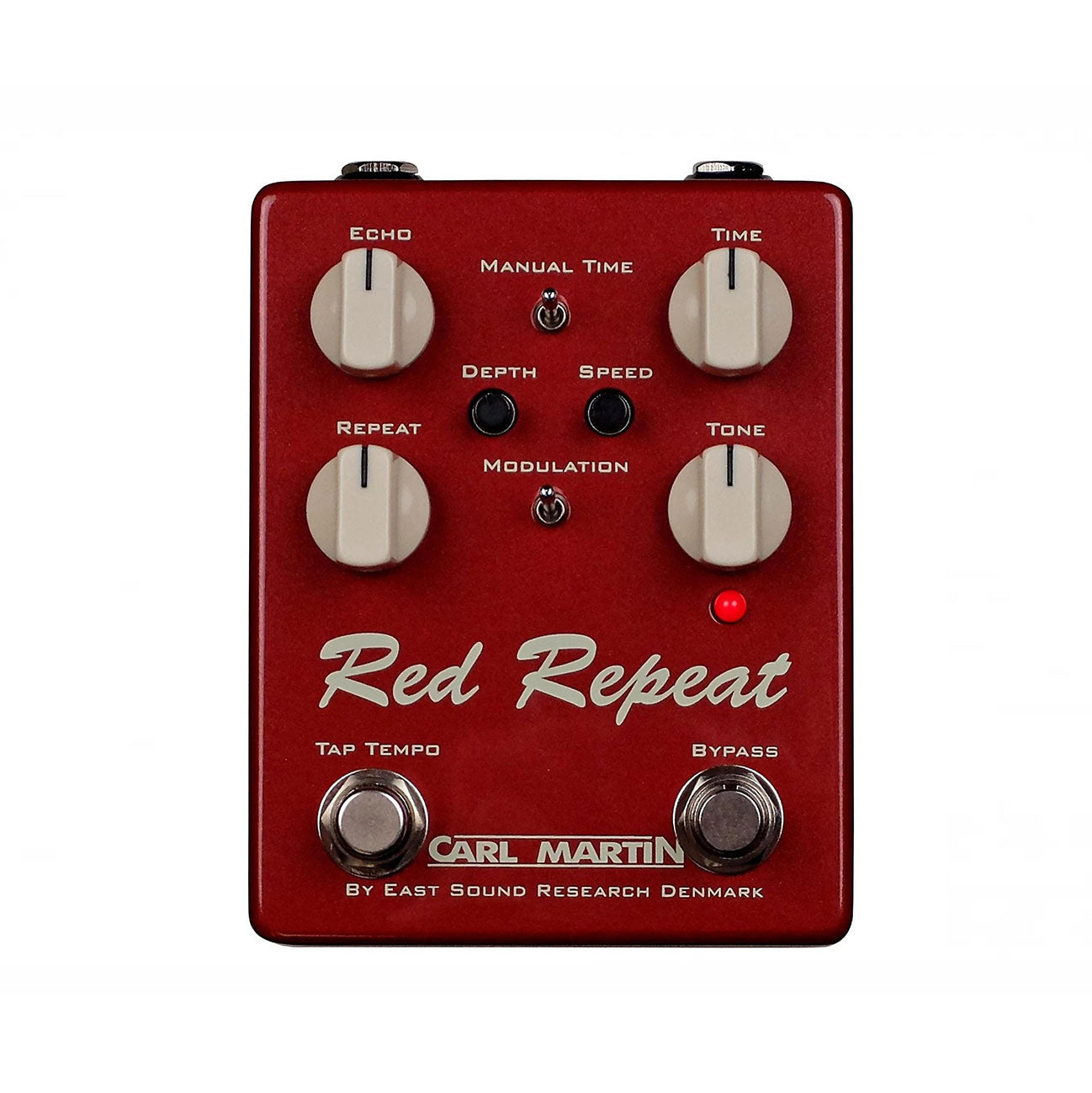Red guitar effects pedal with knobs, toggle switches, and footswitches labeled Red Repeat by Carl Martin.