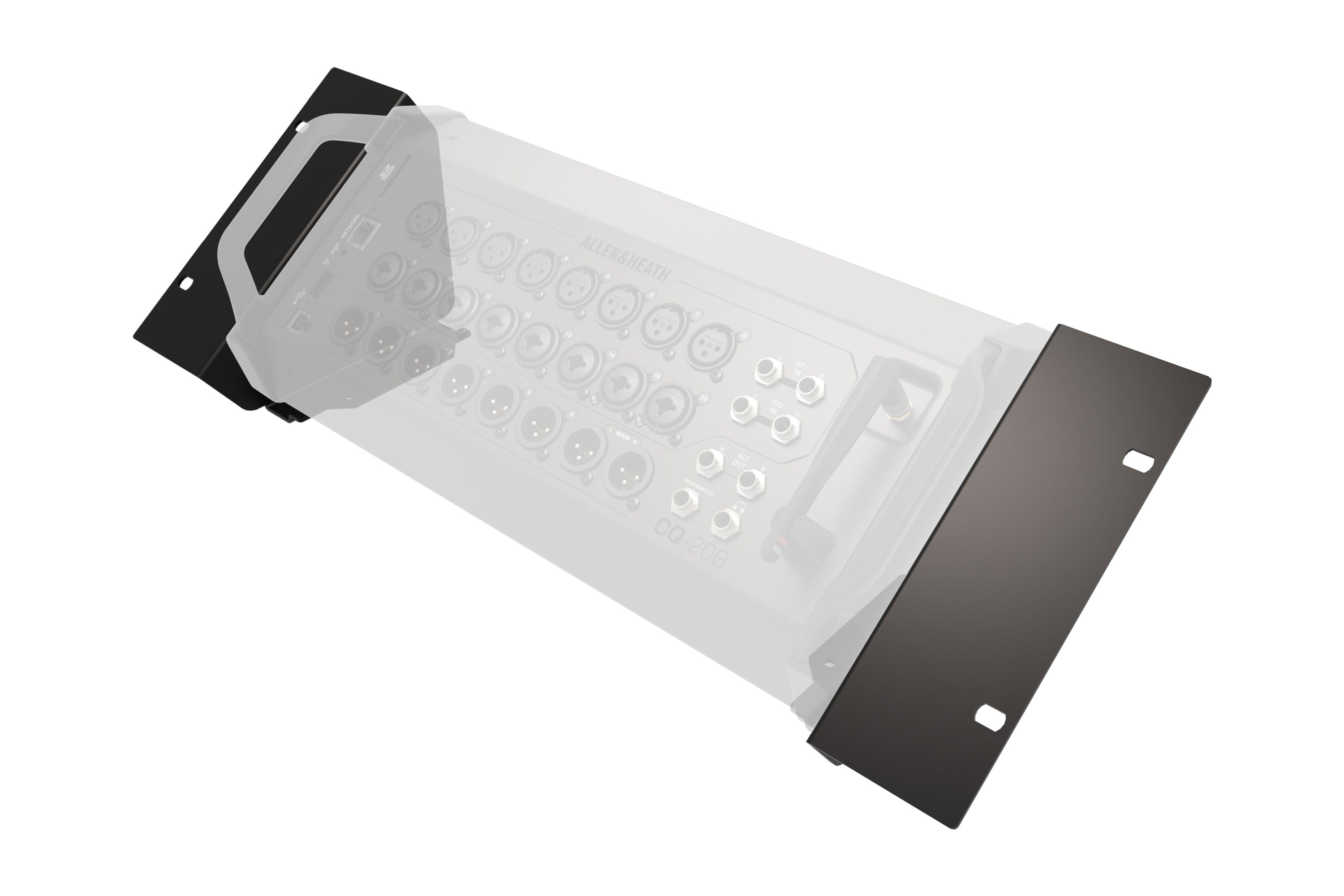 Black metal mounting brackets for a rack device, shown with a faint translucent mixer behind them