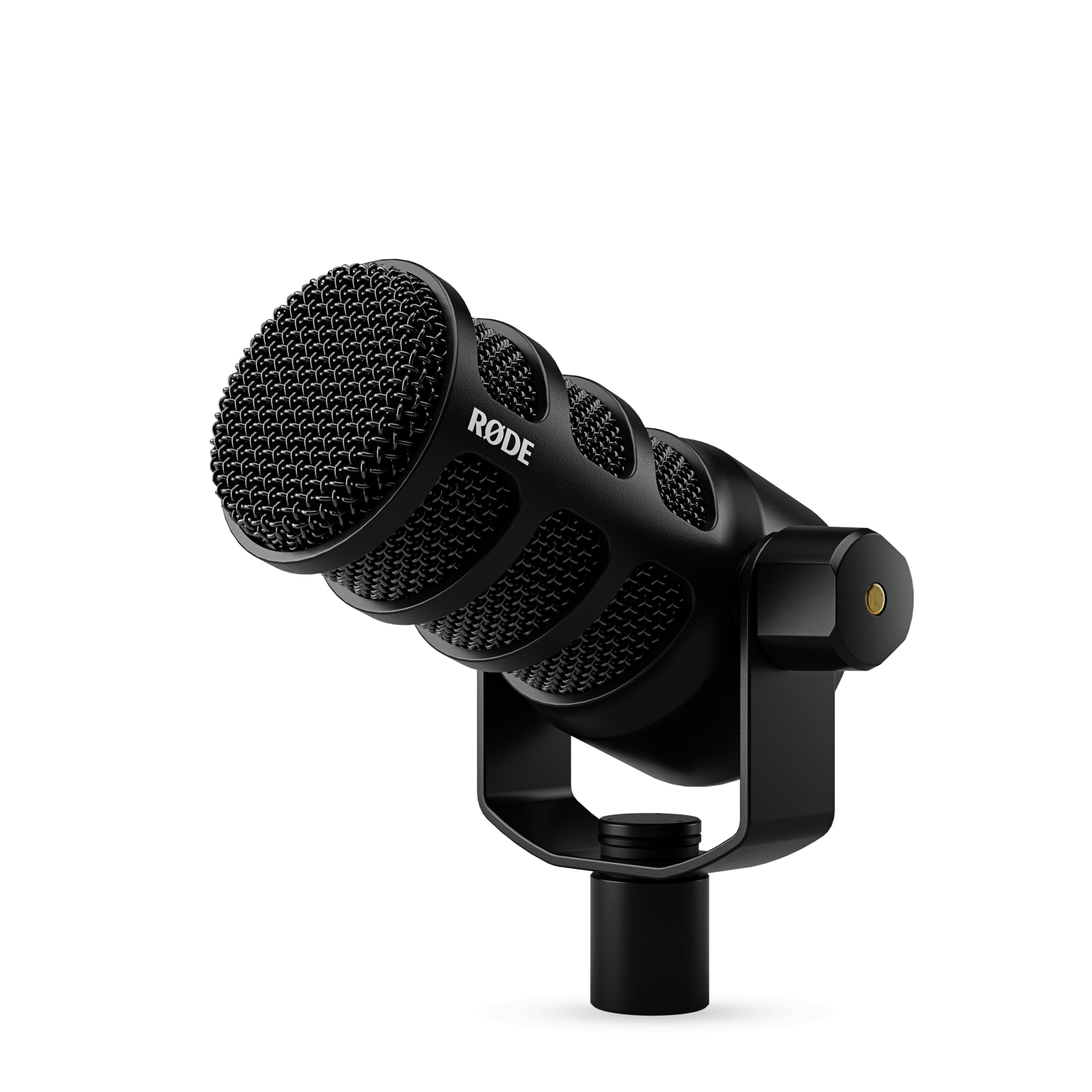 Black Rode microphone with a cylindrical mesh grille and a knob mount on a black background.