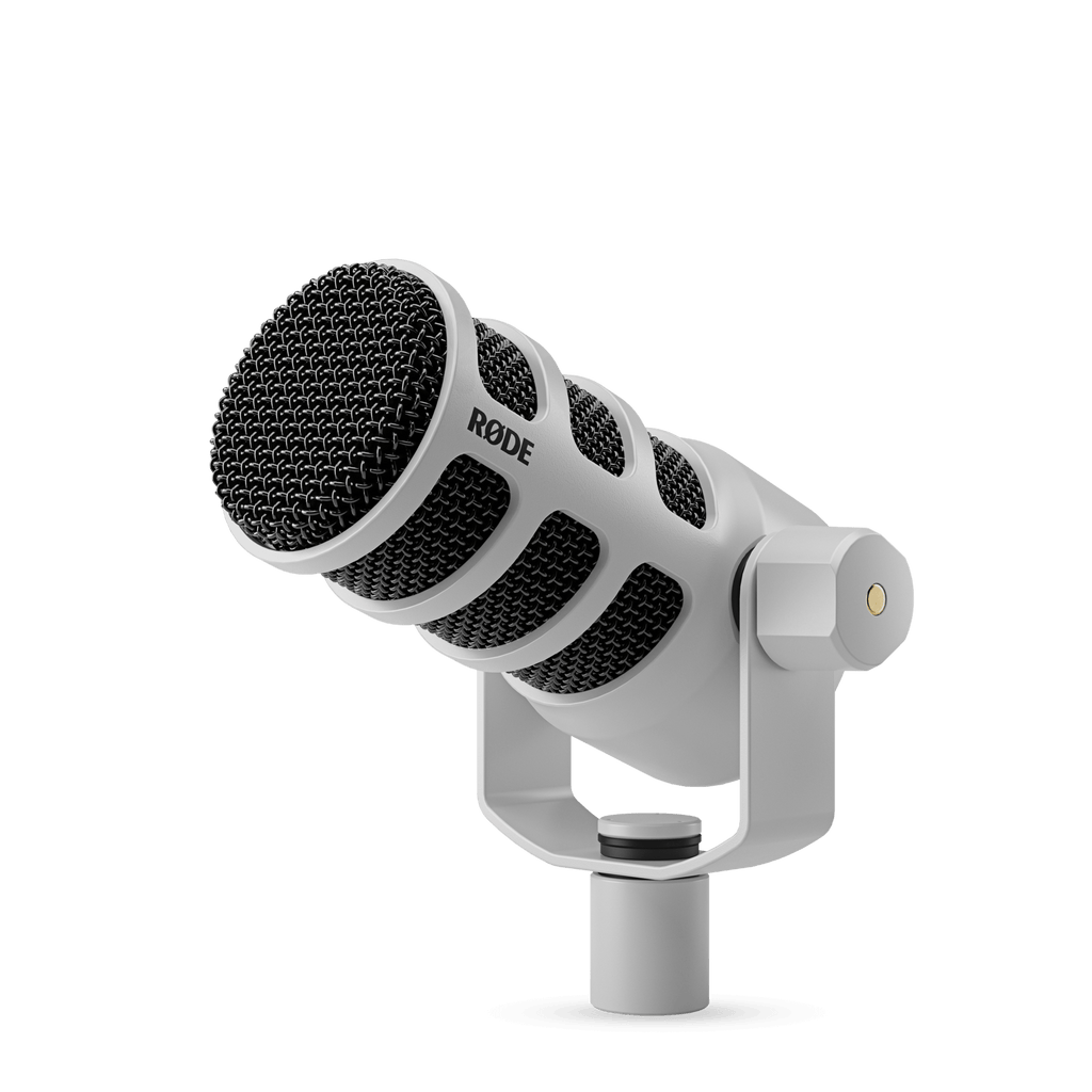 White and black studio microphone with a mesh grille and mounting bracket