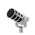 White and black studio microphone with a mesh grille and mounting bracket