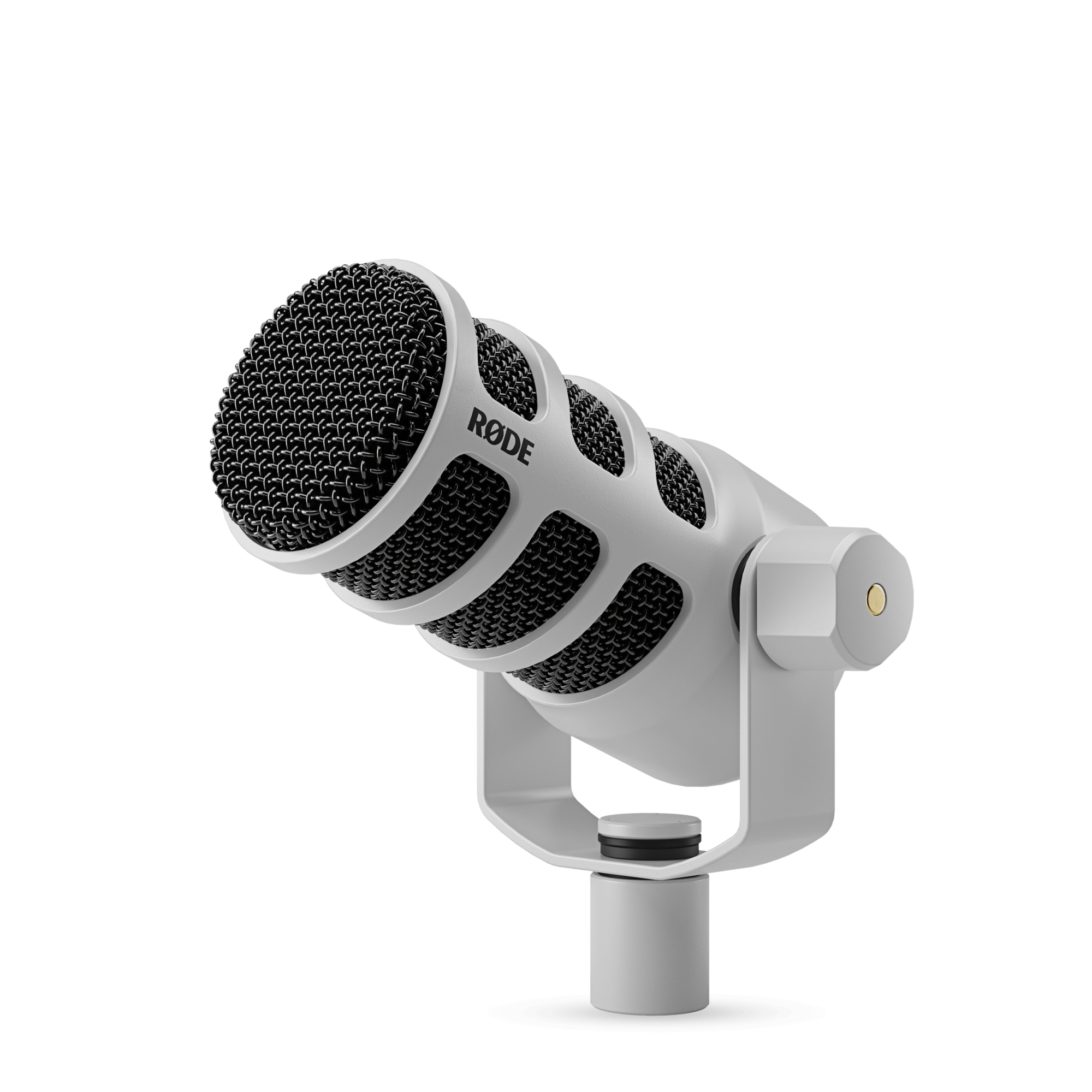 White and black studio microphone with a mesh grille and mounting bracket