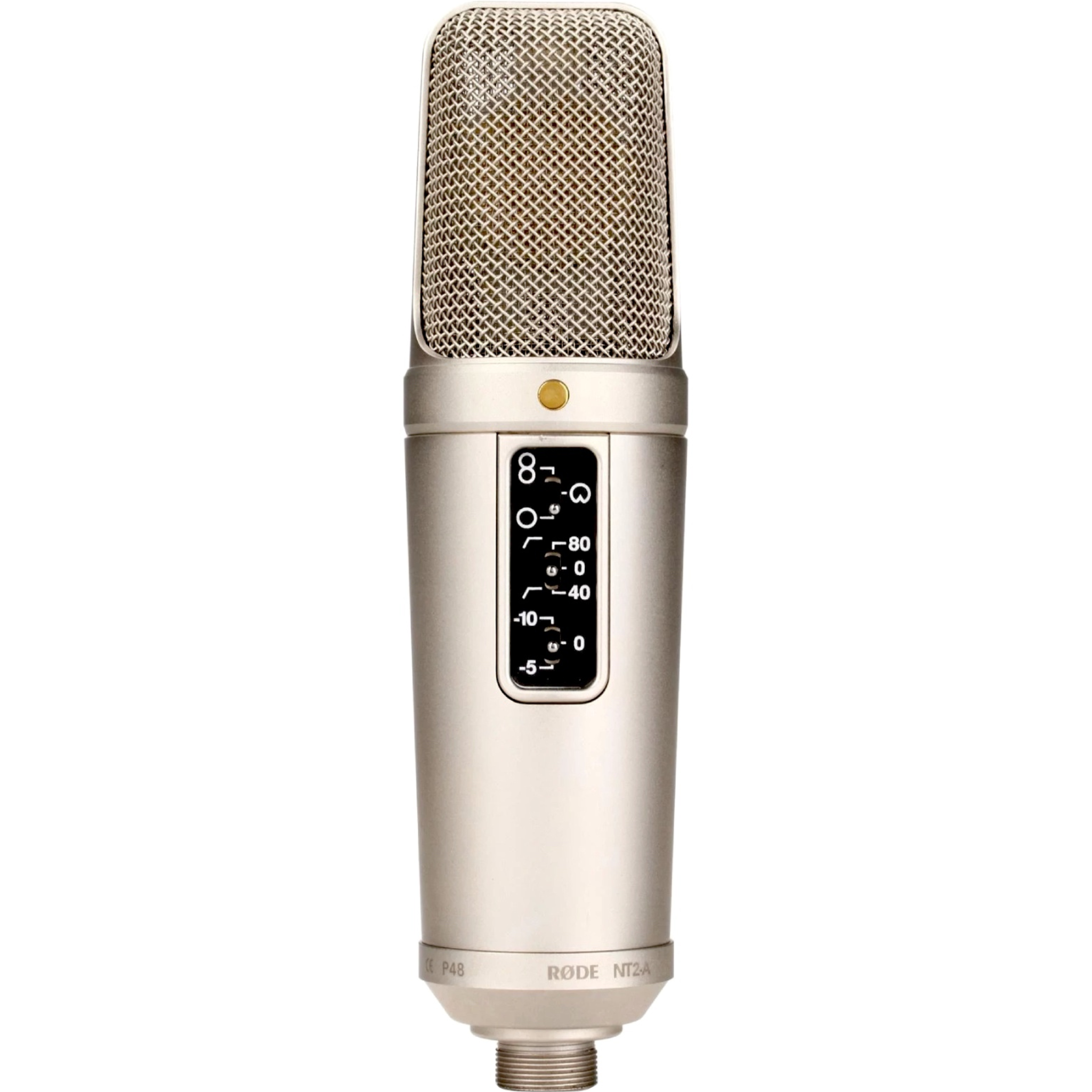 Silver cylindrical studio microphone with mesh grille and control panel with switches on its body