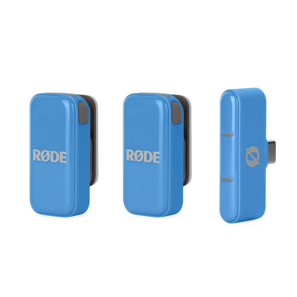 Blue wireless microphone transmitter and receiver with RØDE branding and USB-C connector shown from multiple angles.