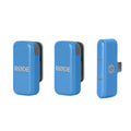Blue wireless microphone transmitter and receiver with RØDE branding and USB-C connector shown from multiple angles.