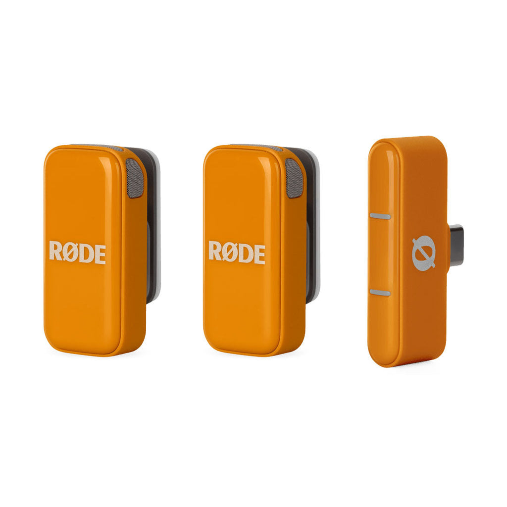 Three views of a small orange wireless device with RØDE branding, one with USB-C connector visible.