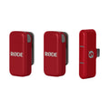 Three views of a compact red wireless microphone device with metal mesh side and USB-C connector.