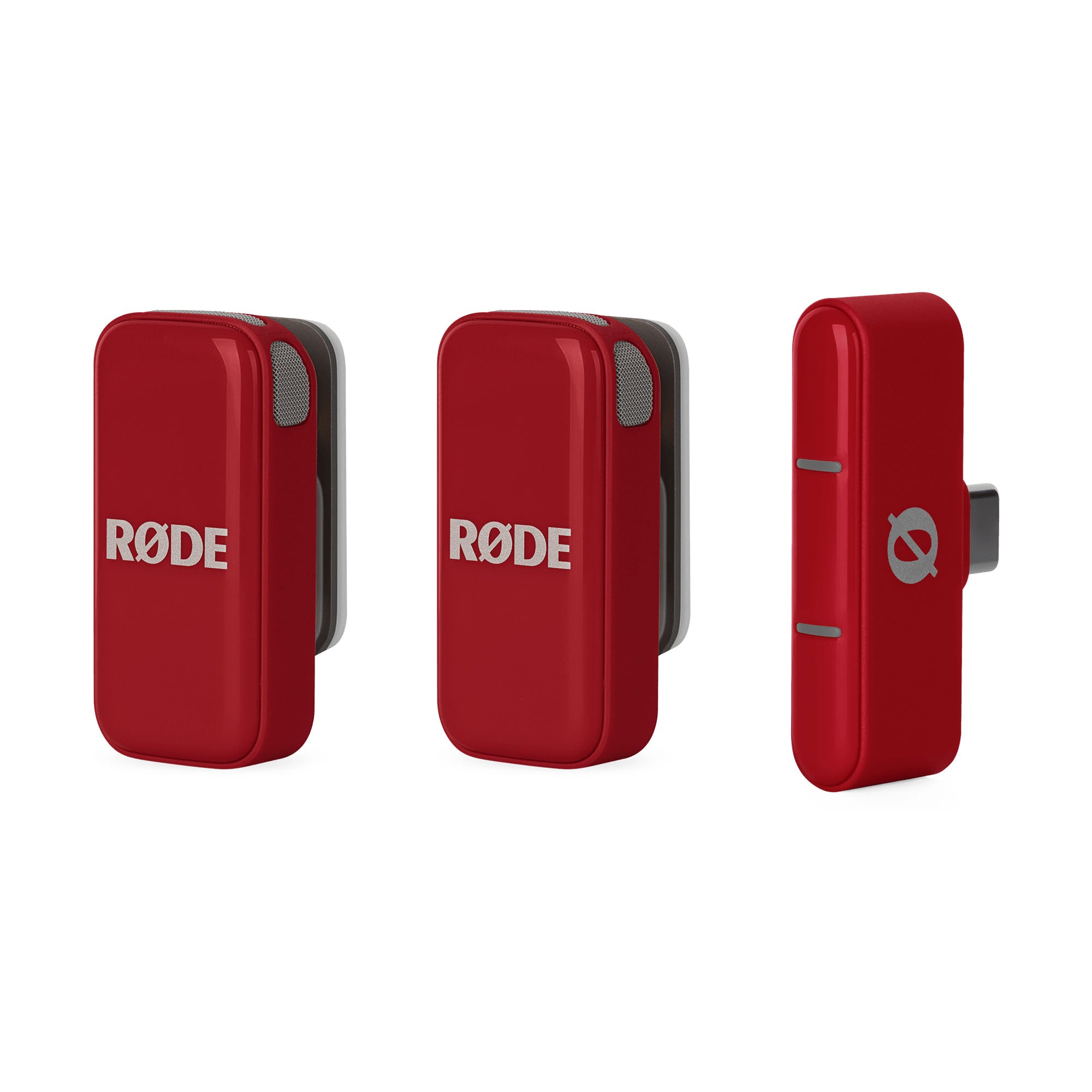 Three views of a compact red wireless microphone device with metal mesh side and USB-C connector.