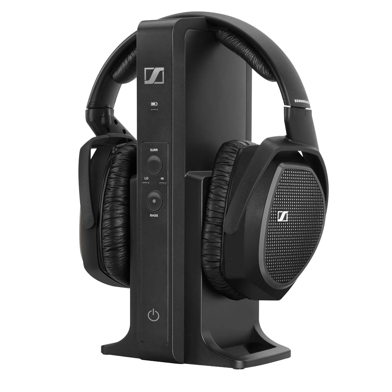 Black over-ear headphones with a charging base featuring power, surround sound, and bass controls.