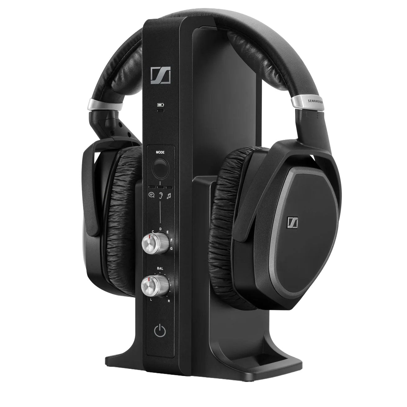 Black over-ear headphones resting on a black vertical docking station with control buttons and knobs.