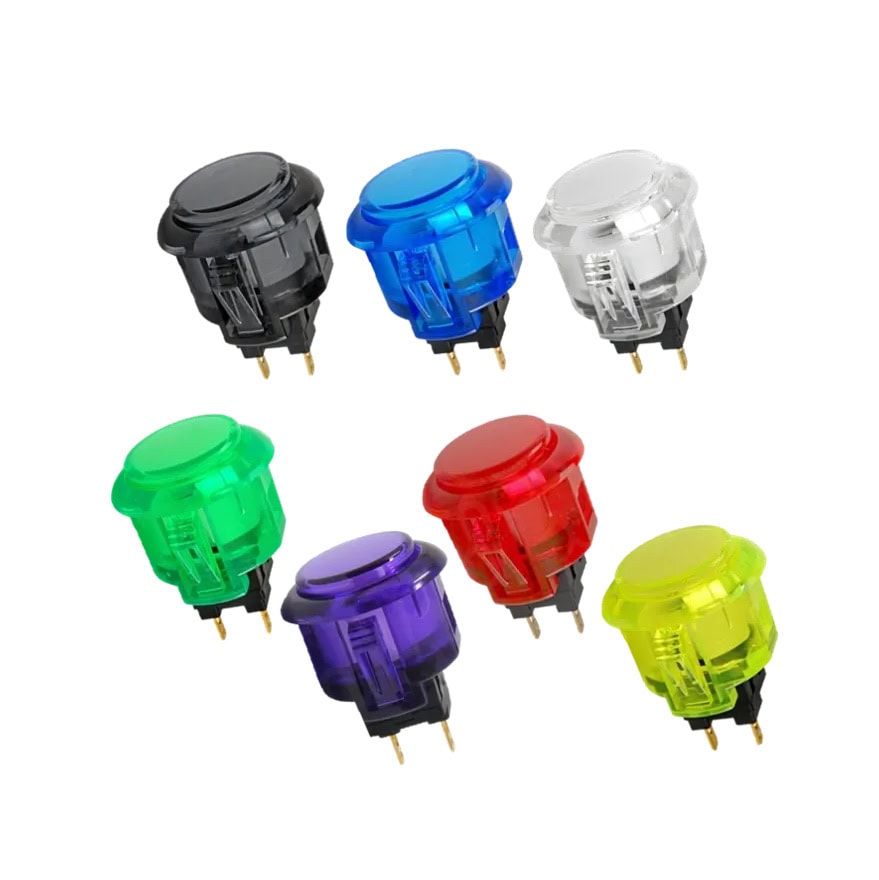 Seven translucent push button switches in various colors with two metal pins each.