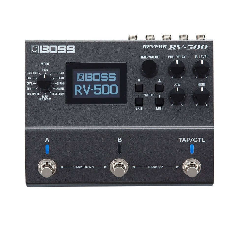 Black Boss RV-500 reverb effects pedal with screen, knobs, buttons, and footswitches shown from the top.