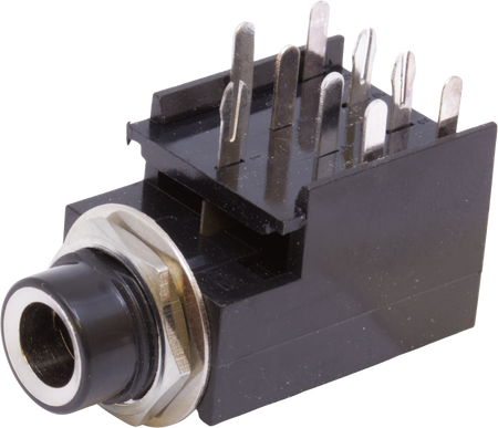 Black rectangular 9-pin socket jack with metal front ring and multiple metal pins on the back.