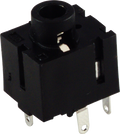 Black rectangular electronic component with a central 3.5mm jack socket and metal solder terminals.