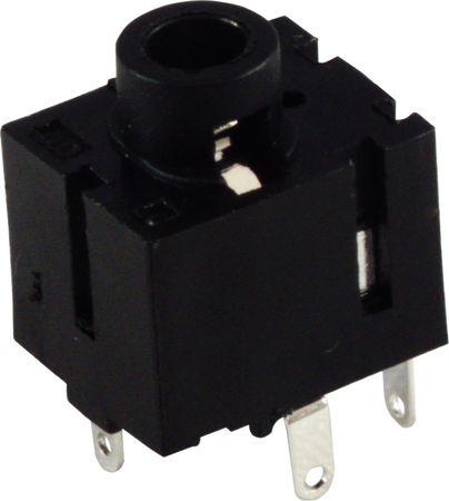 Black rectangular electronic component with a central 3.5mm jack socket and metal solder terminals.