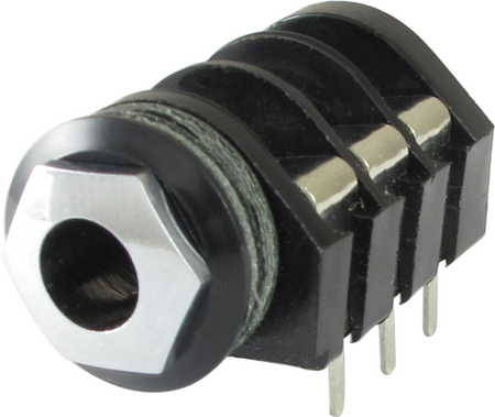 Black 1/4 inch stereo switching jack with six metal pins and silver hex nut on front.