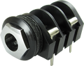 Black and silver 1/4 inch mono switching jack with four lugs and straight PCB pins.