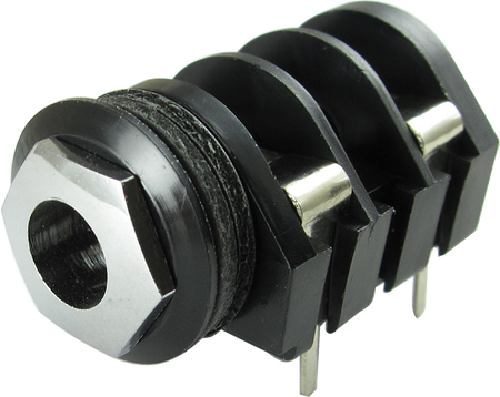 Black and silver 1/4 inch mono switching jack with four lugs and straight PCB pins.
