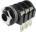 Black panel mount 1/4 inch audio jack with three metal terminal lugs and mounting nut.