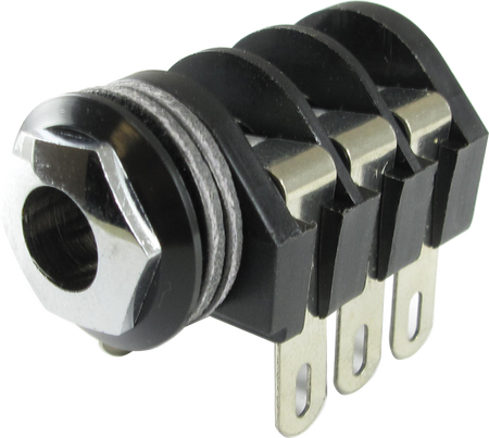 Black panel mount 1/4 inch audio jack with three metal terminal lugs and mounting nut.
